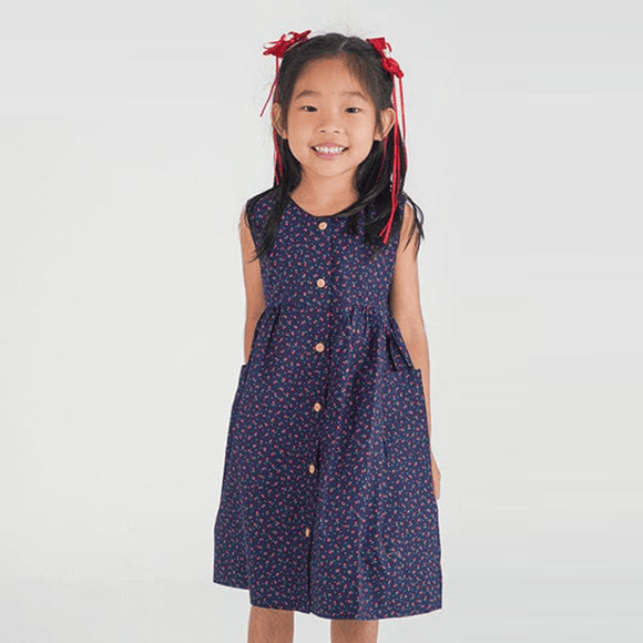 Button Down Petite Roses Girl Dress - (Navy)