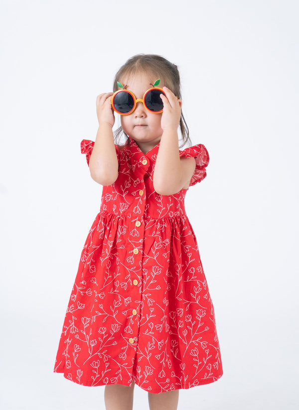 Ruffle Sleeve Button Down Flower Motif Dress (Red)