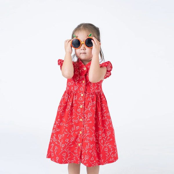 Ruffle Sleeve Button Down Flower Motif Dress (Red)