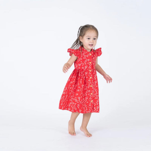 Ruffle Sleeve Button Down Flower Motif Dress (Red)