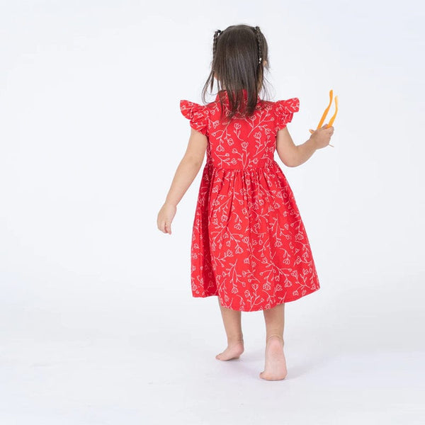 Ruffle Sleeve Button Down Flower Motif Dress (Red)