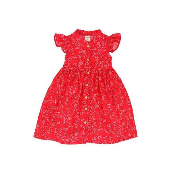 Ruffle Sleeve Button Down Flower Motif Dress (Red)