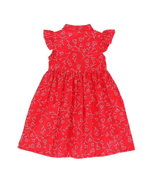 Ruffle Sleeve Button Down Flower Motif Dress (Red)