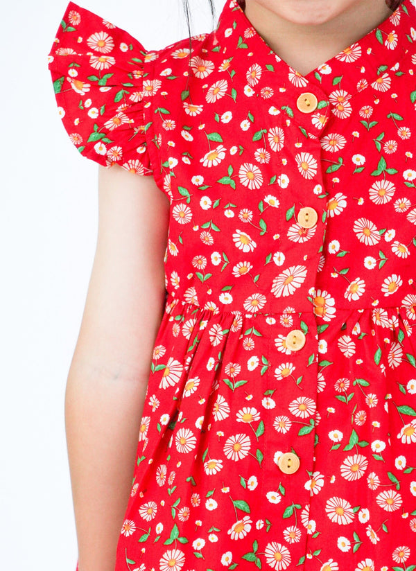 Ruffle Sleeve Button Down Joyful Daisies Dress (Red)