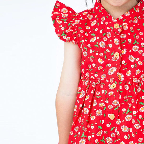 Ruffle Sleeve Button Down Joyful Daisies Dress (Red)