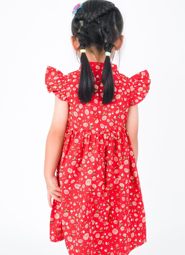 Ruffle Sleeve Button Down Joyful Daisies Dress (Red)