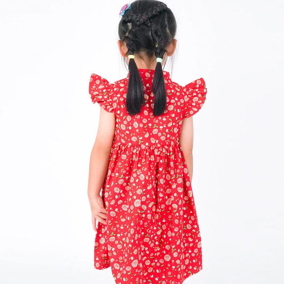 Ruffle Sleeve Button Down Joyful Daisies Dress (Red)