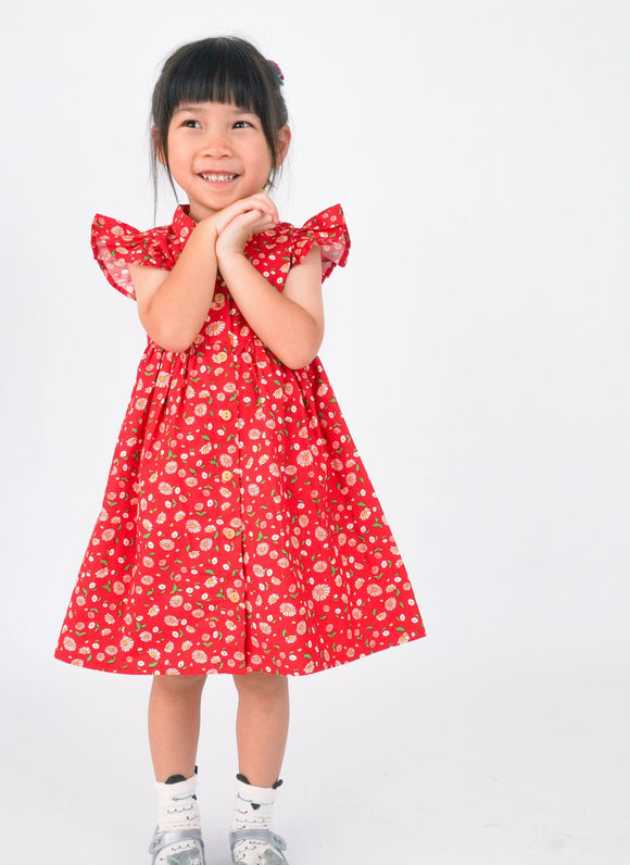 Ruffle Sleeve Button Down Joyful Daisies Dress (Red)