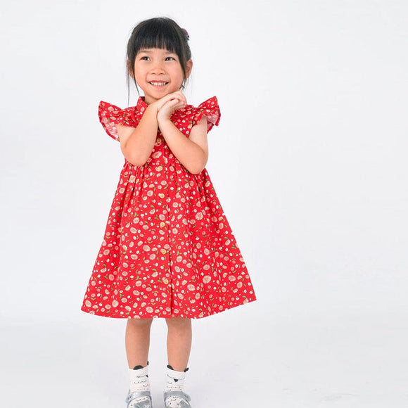 Ruffle Sleeve Button Down Joyful Daisies Dress (Red)