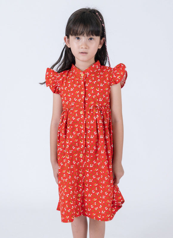 Ruffle Sleeve Button Down Springtime Blooms Dress (Red)