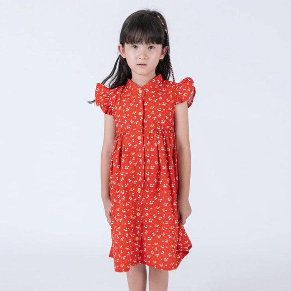 Ruffle Sleeve Button Down Springtime Blooms Dress (Red)