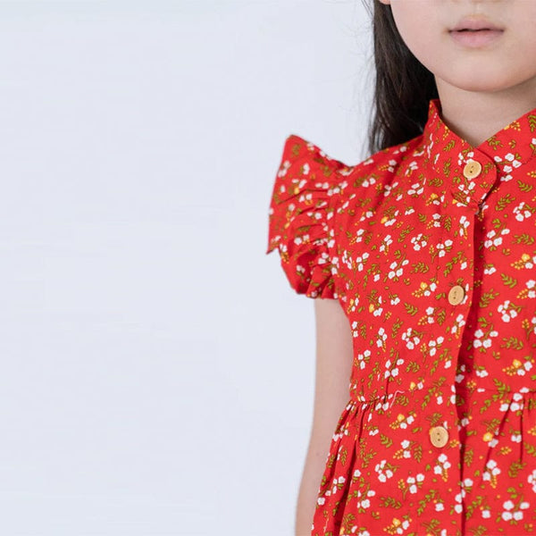 Ruffle Sleeve Button Down Springtime Blooms Dress (Red)