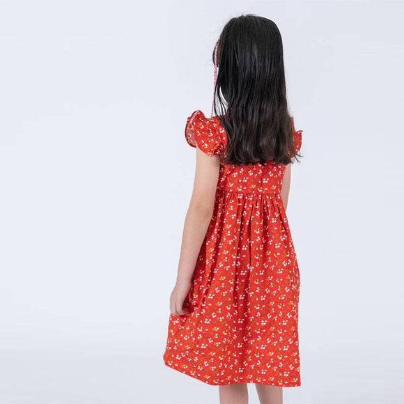 Ruffle Sleeve Button Down Springtime Blooms Dress (Red)