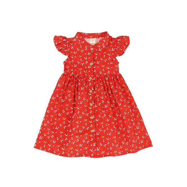 Ruffle Sleeve Button Down Springtime Blooms Dress (Red)
