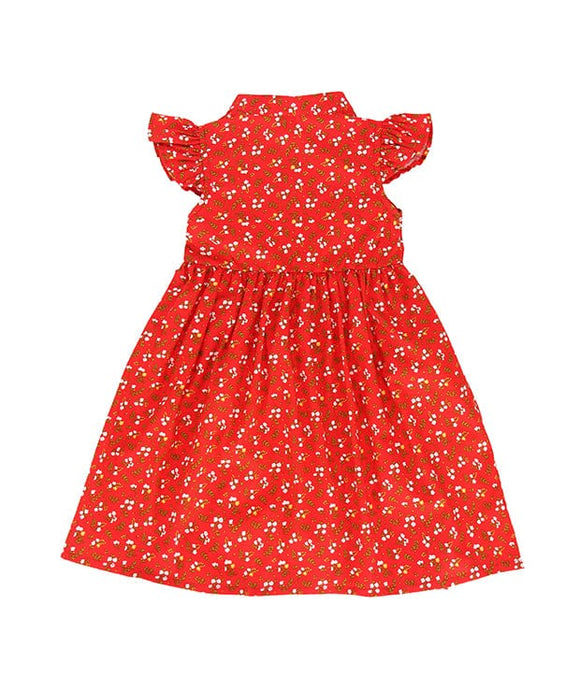Ruffle Sleeve Button Down Springtime Blooms Dress (Red)