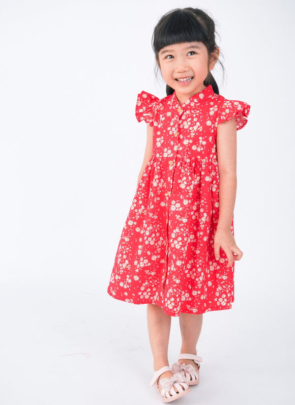 Ruffle Sleeve Button Down White Daisies Dress (Red)