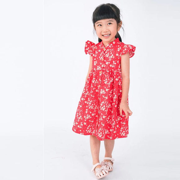 Ruffle Sleeve Button Down White Daisies Dress (Red)