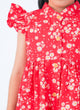 Ruffle Sleeve Button Down White Daisies Dress (Red)