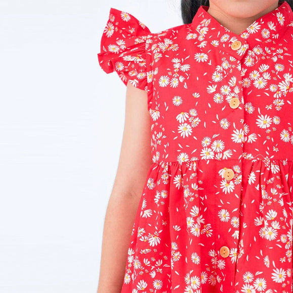 Ruffle Sleeve Button Down White Daisies Dress (Red)