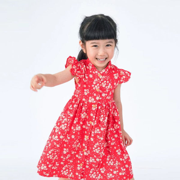 Ruffle Sleeve Button Down White Daisies Dress (Red)