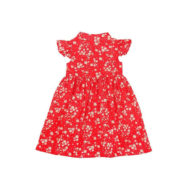 Ruffle Sleeve Button Down White Daisies Dress (Red)