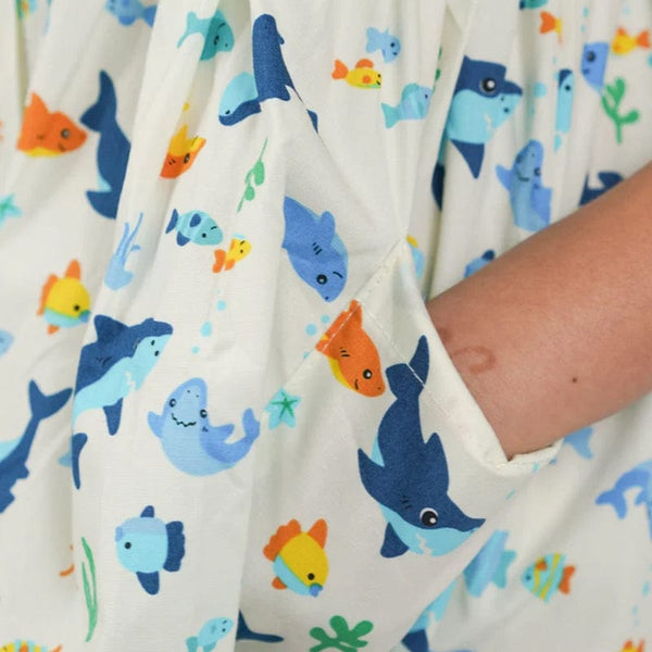 Button Down Shark & Fishes Girl Dress - (White)