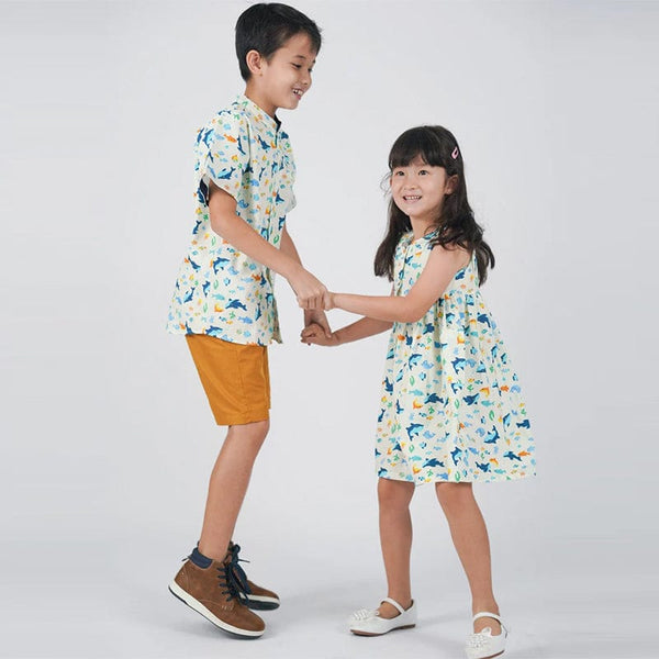 Button Down Shark & Fishes Girl Dress - (White)