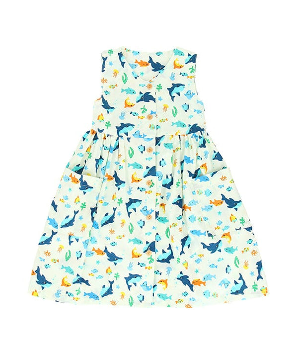 Button Down Shark & Fishes Dress - (White)