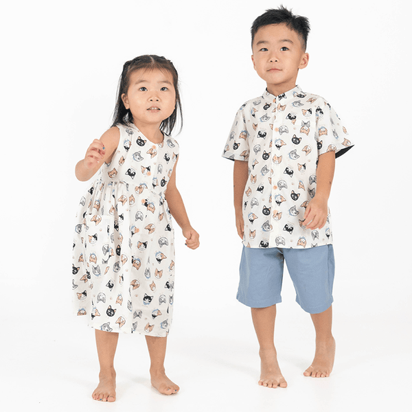 Button Down Kawaii Cat Dress - (Beige)