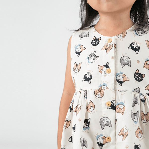 Button Down Kawaii Cat Dress - (Beige)