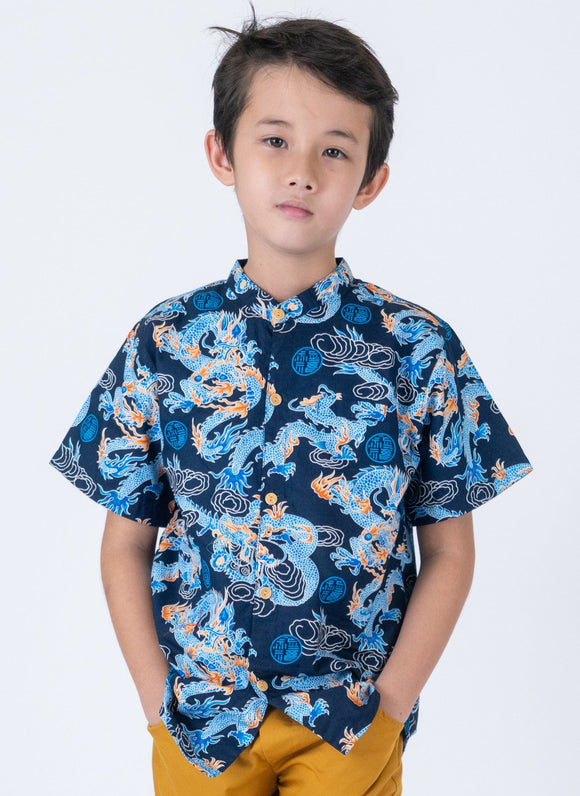 Mandarin Collar Shirt - Celestial Prosperity Dragon (Blue)