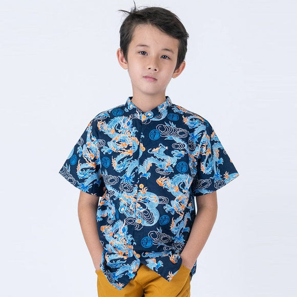 Mandarin Collar Boy Shirt - Celestial Prosperity Dragon (Blue)