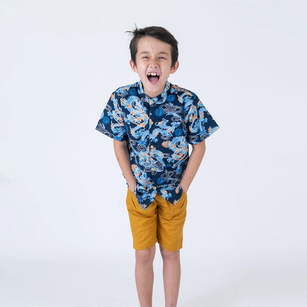 Mandarin Collar Boy Shirt - Celestial Prosperity Dragon (Blue)