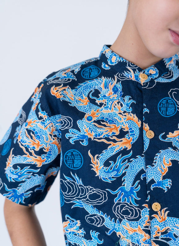 Mandarin Collar Shirt - Celestial Prosperity Dragon (Blue)