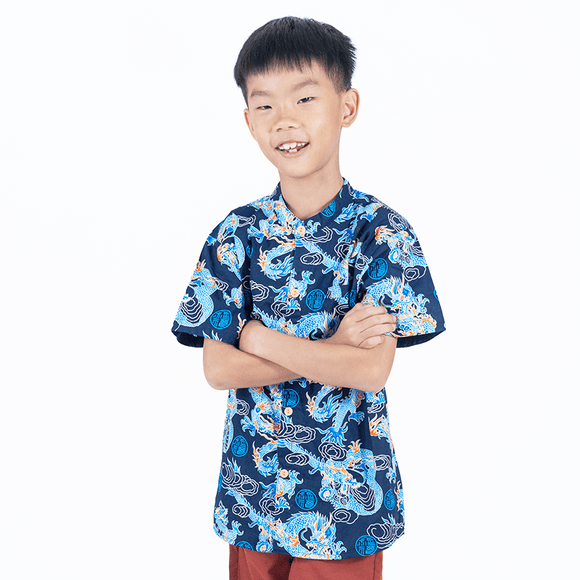 CNY Boy Shirt Mandarin Collar - Celestial Prosperity Dragon (Blue)
