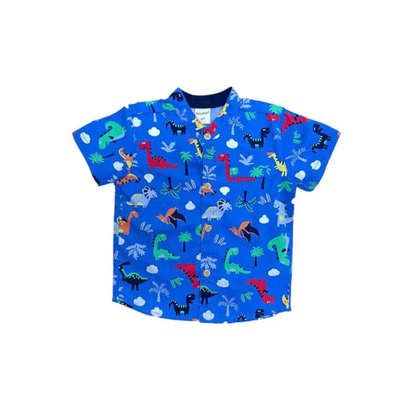 Mandarin Collar Boy Shirt - Colourful Dino (Blue)