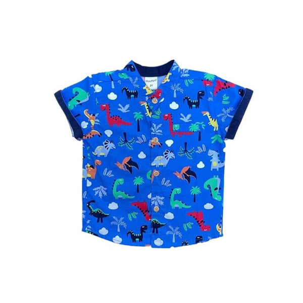 Mandarin Collar Boy Shirt - Colourful Dino (Blue)