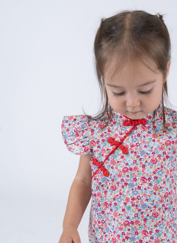 Colourful Ditsy Flower Cheongsam with Ruffle Sleeves