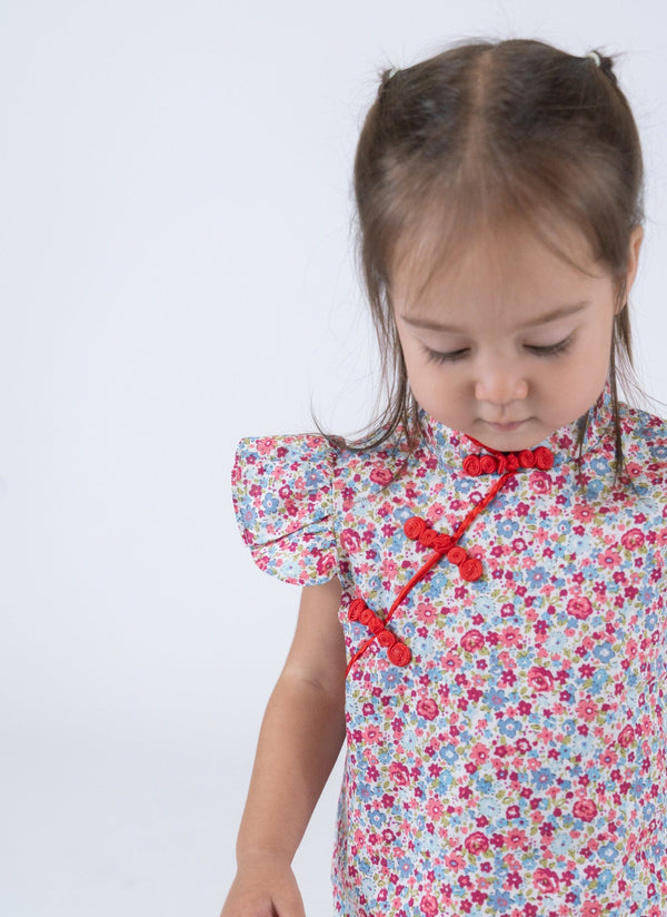 Colourful Ditsy Flower Cheongsam with Ruffle Sleeves