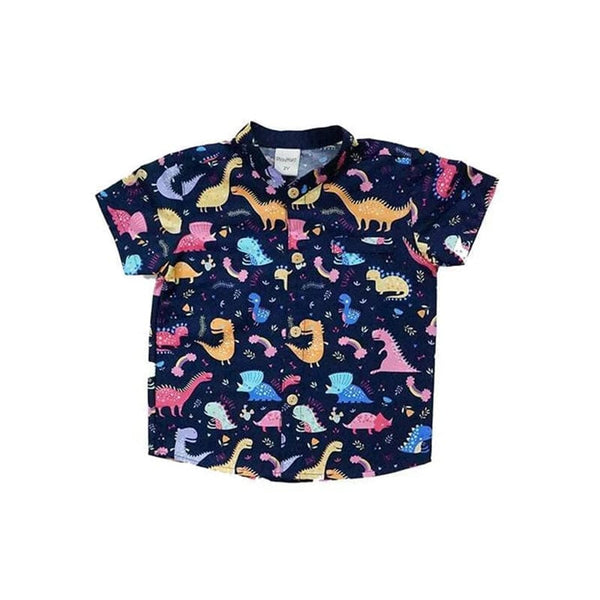 Mandarin Collar Shirt - Dino & Rainbow (Navy)