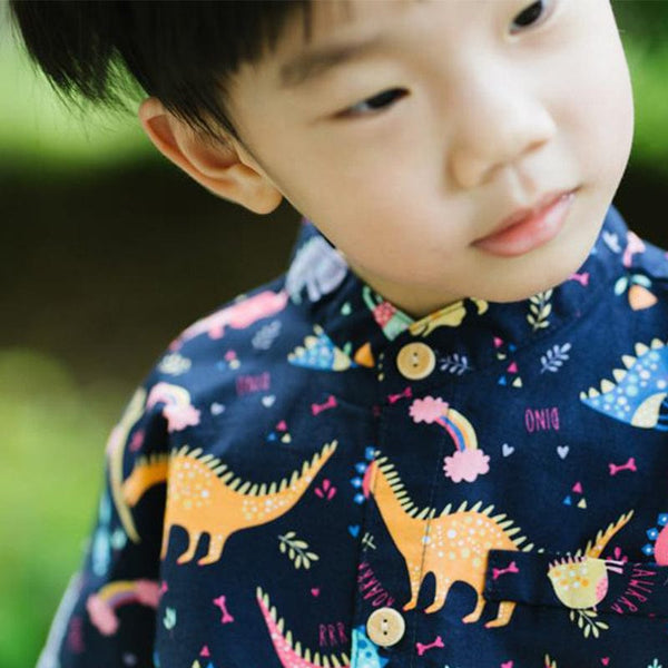 Mandarin Collar Shirt - Dino & Rainbow (Navy)