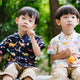 Mandarin Collar Shirt - Dino & Rainbow (Navy)