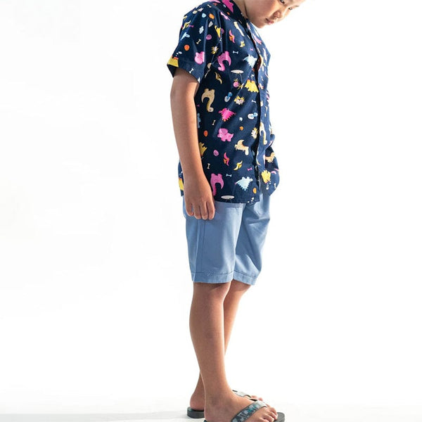 Mandarin Collar Boy Shirt - Dino & Volcano (Navy)
