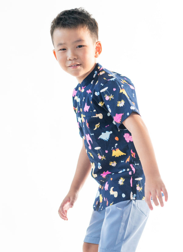 Mandarin Collar Shirt - Dino & Volcano (Navy)