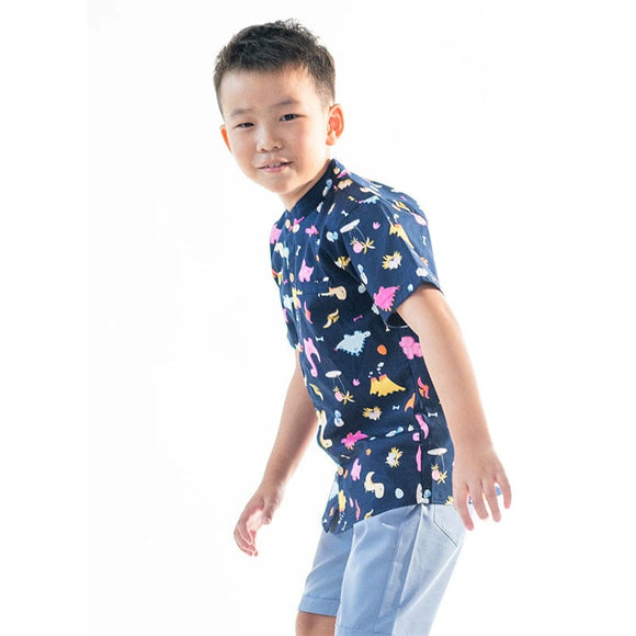 Mandarin Collar Boy Shirt - Dino & Volcano (Navy)