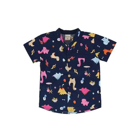 Mandarin Collar Boy Shirt - Dino & Volcano (Navy)
