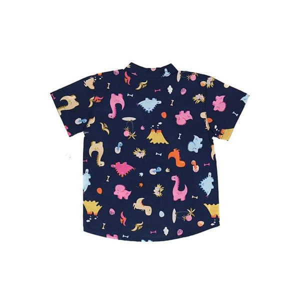 Mandarin Collar Boy Shirt - Dino & Volcano (Navy)