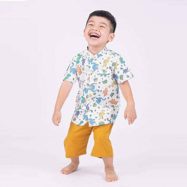 Mandarin Collar Boy Shirt - Dinosaurs & Stars