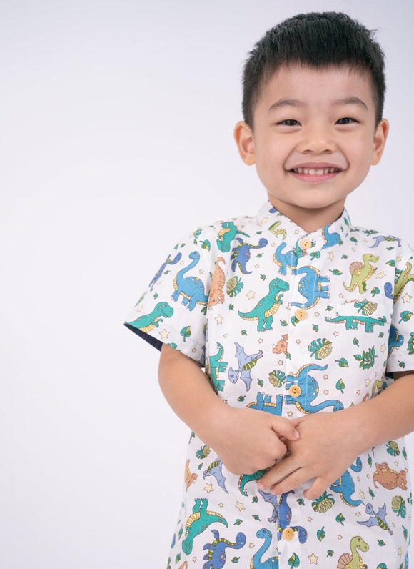Mandarin Collar Boy Shirt - Dinosaurs & Stars