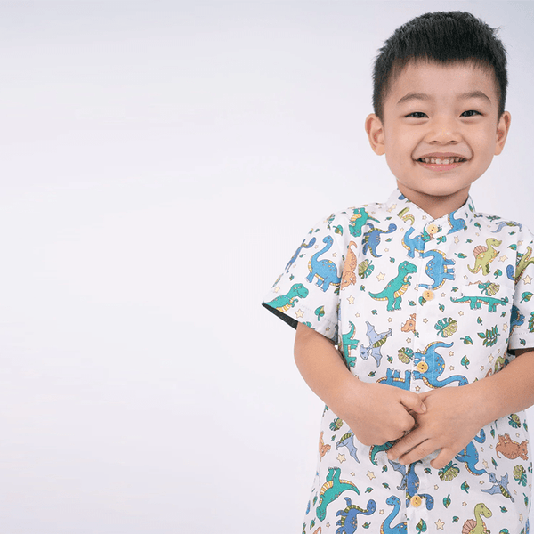 Mandarin Collar Boy Shirt - Dinosaurs & Stars